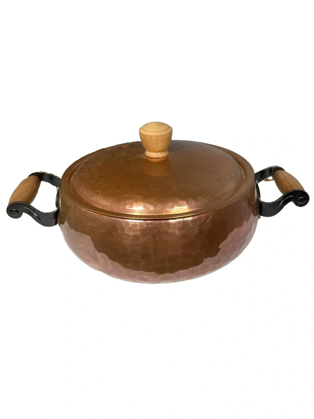 Vintage STOCKLI NETSTAL Hammered Copper Casserole Pot with Lid Wood Handles